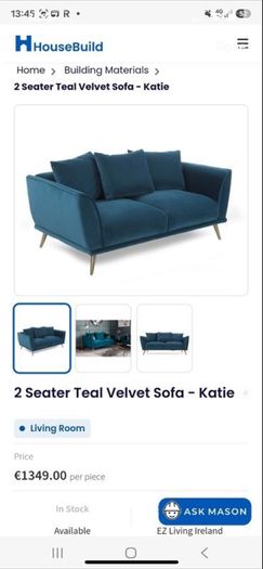 EZ Living Teal Sofa 3 Piece - Katie