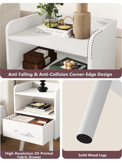 Bedside Table Set of 2, Nightstand, Side Table, Wooden Sofa End Table with Fabric Drawer, Open Shelf, Solid Wood Legs, 39x29x63 cm, for Bedroom, Living Room, White