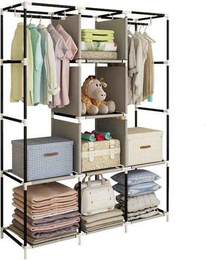 NEW SALE | Canvas Wardrobe Cupboard Clothes Storage Organiser With 2 Hanging Rail and 6 Shelves,Grey