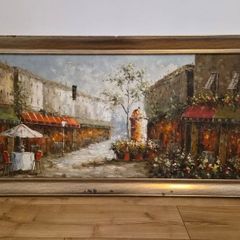Large Framed Oil Painting Parisian Cafe Street