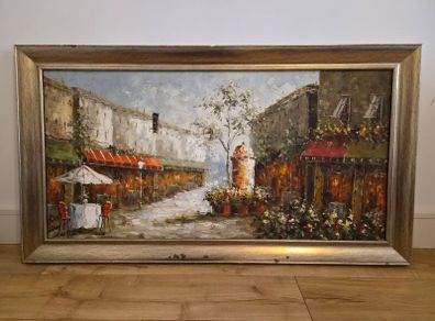 Large Framed Oil Painting Parisian Cafe Street
