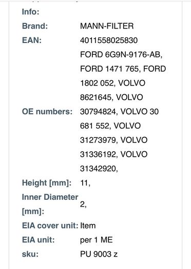 Mann fuel filter ford Volvo PU9003z