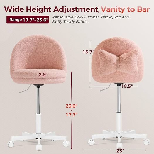 Vanity Chair, Desk Chair without Armrests, Swivel Chair with Back Support, Comfortable Office Chair on Wheels, Height-Adjustable Home Office Chair, Pink Fleece