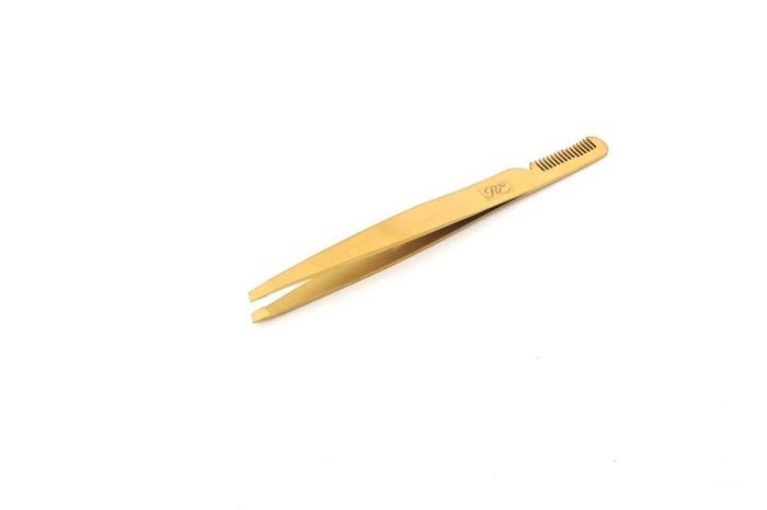 Professional Eyebrow Tweezers with Comb ingrown Hair Plucker Eyelashes Extension Placer Slanted tip Depletion Tool Plucking Tweezers Personal Grooming Instruments Stainless Steel from Real Edge (Gold)