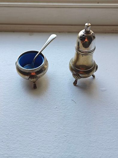 Vintage newbridge silver plate salt & pepper set (epns) with spoon