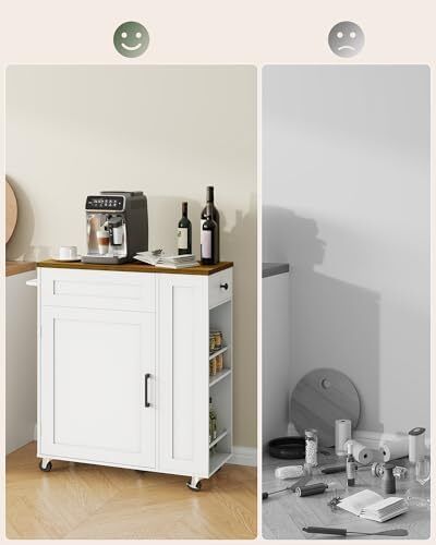 Rolling Kitchen Island Cart with Storage Space Kitchen Island Table with Trash Can, 5 Swivel Castors, Drawer, Spice Rack and Towel Holder for Kitchen