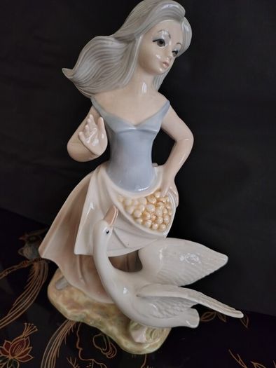 Large Vintage Girl with Goose Figurine by Tengra