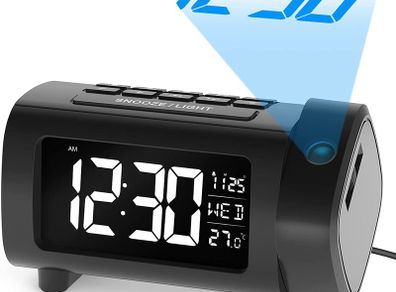Projection Alarm Clock, Alarm Clocks Bedside Mains Powered, Projection Clock with FM Radio, Large VA Display, 4-Level Dimmer, Snooze, Digital Clock for Bedroom