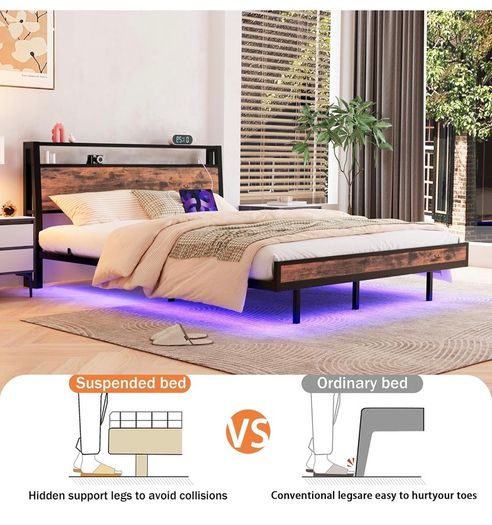 Double Size Floating Bed Frame with Wooden Headboard Storage, Brown Charging Station, LED Lights, Ergonomic 95-degree Headboard Angle, Heavy Duty Metal Slats, No Box Spring Needed