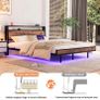 Double Size Floating Bed Frame with Wooden Headboard Storage, Brown Charging Station, LED Lights, Ergonomic 95-degree Headboard Angle, Heavy Duty Metal Slats, No Box Spring Needed Image 2