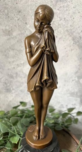The Sad Girl - Bronze, Marble, Signed