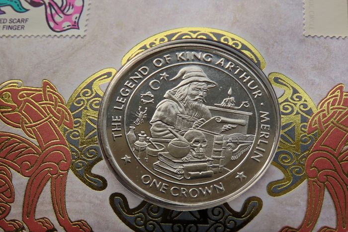 Merlin Wizard Magic King Arthur Isle of man crown coin 1996 stamp cover