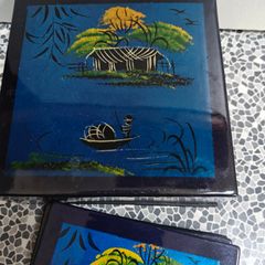 Boxed set of 6 Vietnamese Lacquerware Hand Painted Black Lacquer Drinks Coasters