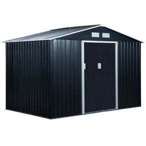 9 x 6FT Metal Shed Roofed Garden Shed Outdoor Storage Shed with Foundation Ventilation & Doors, Dark Grey (FREE POSTAGE)
