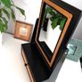 ..PRICE DROP.. Tabletop Mirror with Drawer, Black and Gold Rattan Detail Image 2