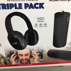 Wireless Audio Triple Pack ear Buds, Speaker and Headphones