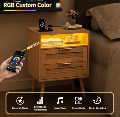 Set of 2 Bedside Table,Nightstand with Charging Station and LED Lights, Bedside Cabinets with 2 Rattan Drawers and Open Shelf,2pcs Side Tables for Modern Home,Natural Wood
