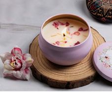 Scented beeswax candle with flower petals + matching wooden base available
