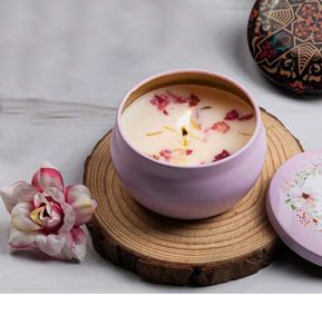 Scented beeswax candle with flower petals + matching wooden base available