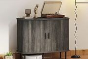 Mid-Century Modern Sideboard Storage Cabinet with Slatted Tambour Sliding Doors, Kitchen Cabinet with Steel Legs, Grey