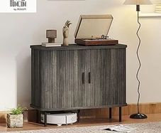 Mid-Century Modern Sideboard Storage Cabinet with Slatted Tambour Sliding Doors, Kitchen Cabinet with Steel Legs, Grey