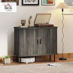 Mid-Century Modern Sideboard Storage Cabinet with Slatted Tambour Sliding Doors, Kitchen Cabinet with Steel Legs, Grey