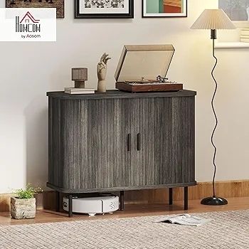 Mid-Century Modern Sideboard Storage Cabinet with Slatted Tambour Sliding Doors, Kitchen Cabinet with Steel Legs, Grey