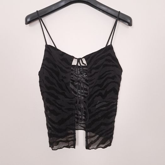 Motel Rocks Black Zebra Flocked Mesh Lace Up Cami Tank Top Size S