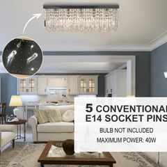 Modern Crystal Ceiling Light Square Crystal Chandelier, E14 Base, 80 x 25 x 23cm, for Living Room, Dining Room, Hall, Silve