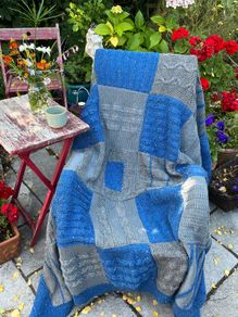 Large Hand Knitted Patchwork Blanket Throw Blue Grey 150 x 200cm