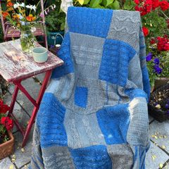 Large Hand Knitted Patchwork Blanket Throw Blue Grey 150 x 200cm