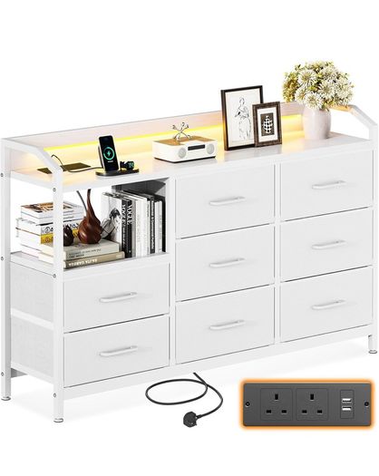Black Chest of Drawers Bedroom, with LED Light trip with 10 Adjustable Colors and 2 USB and 2 AC Outlets, Includes 8 Large Fabric Drawers, Suitable for Bedroom, Living Room, 110 x 30 x 88, White