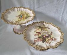 Rare Hand Painted By 'George White' 9 piece set. Antique Victorian Doulton Burslem 9pc Blush Ivory Dessert Service, Gold Gilt Pedestal Compotes & Cabinet Plates 22cm width