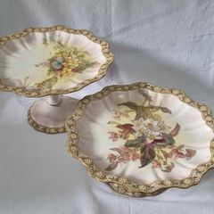 Rare Hand Painted By 'George White' 9 piece set. Antique Victorian Doulton Burslem 9pc Blush Ivory Dessert Service, Gold Gilt Pedestal Compotes & Cabinet Plates 22cm width