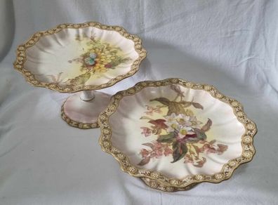 Rare Hand Painted By 'George White' 9 piece set. Antique Victorian Doulton Burslem 9pc Blush Ivory Dessert Service, Gold Gilt Pedestal Compotes & Cabinet Plates 22cm width
