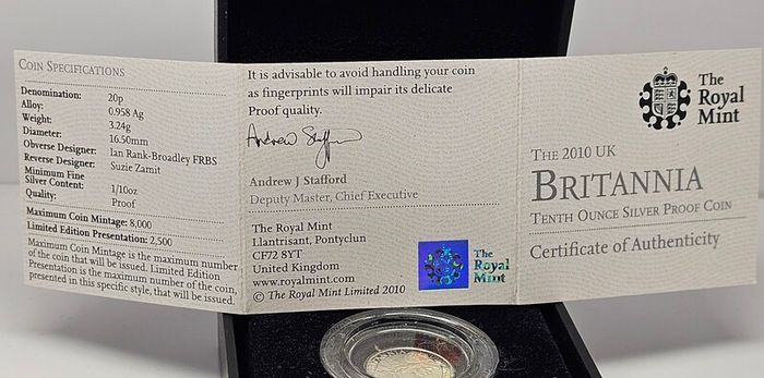 Royal Mint 2010 Silver Proof 1/10th of Ounce Britannia Coin in Original Holder with COA