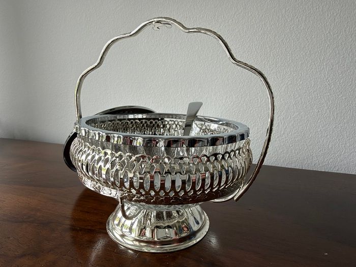 Vintage Glass Preserve / Jam Bowl with Metal Basket, Lid & Spoon