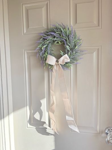 New mini 30cm faux wild lavender wreath with exaggerated linen and polka dot bow