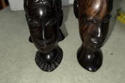 Carved Ebony Wood? Head Man &amp; Woman Bust Tribal Head Statue Figure Set Vintage