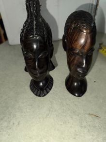 Carved Ebony Wood? Head Man & Woman Bust Tribal Head Statue Figure Set Vintage