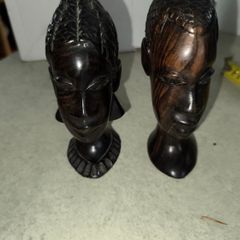 Carved Ebony Wood? Head Man & Woman Bust Tribal Head Statue Figure Set Vintage