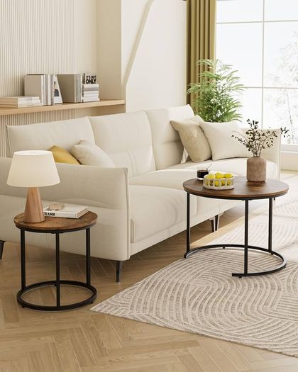 Round Coffee Tables, Removable Set of 2 End Table, Nesting Tables with Black Metal Frame Legs and Marble Black Top for Living Room, Bedroom, Office, Balcony, Apartment (Rustic Brown)