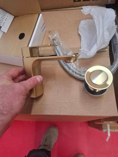 Ezra brushed brass basin mixer and waste