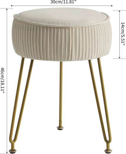 Velvet Round Footrest, Makeup Vanity Stool, Side Table, Pouf Couch Seat, Golden Steel Legs, Creamy-White L/G-30M