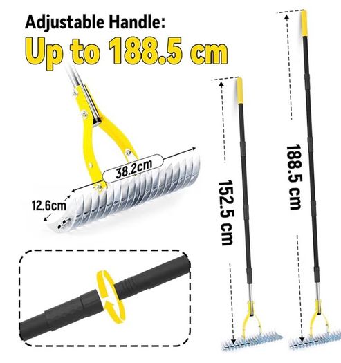 38cm Adjustable Head Weed Tool, Dethatcher Rake to Cleaning Dead Grass with 188cm Adjustable Handle, Steel Metal Thatching Rake for Grass, Garden, Yard