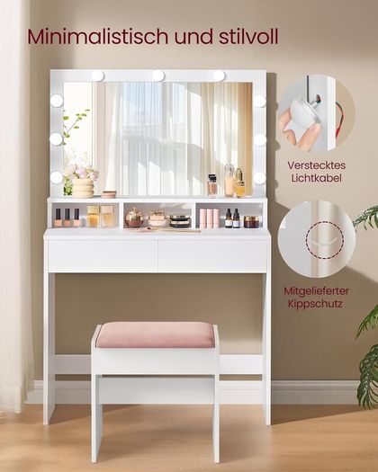 LED Dressing Table with LED Lighting, Vanity Table with Mirror, Adjustable Brightness, 2 Drawers and 3 Open Compartments