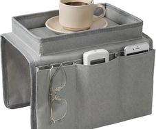 Sofa Arm Chair Tray Organisers Waterproof Non-Slip,Armchair Table Tray,Arm Chair Caddy with 4 Bags for Cup,Drinks,Snack,Phone,Magazines,Books,Glasses & Tablet,Sofa Armrest TV Remote Control Holder