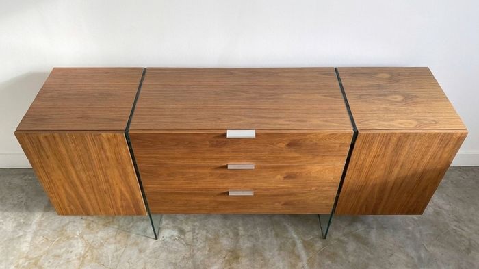 Vintage Mid Century Walnut & Glass Sideboard Scandinavian