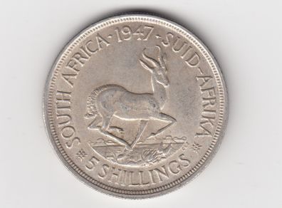 South Africa 5 Shillings 1947 80% Silver Coin (no. G46)