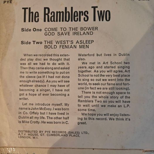 The Ramblers Two, Come to the Bower PS 7" EP, Irish Folk Trad